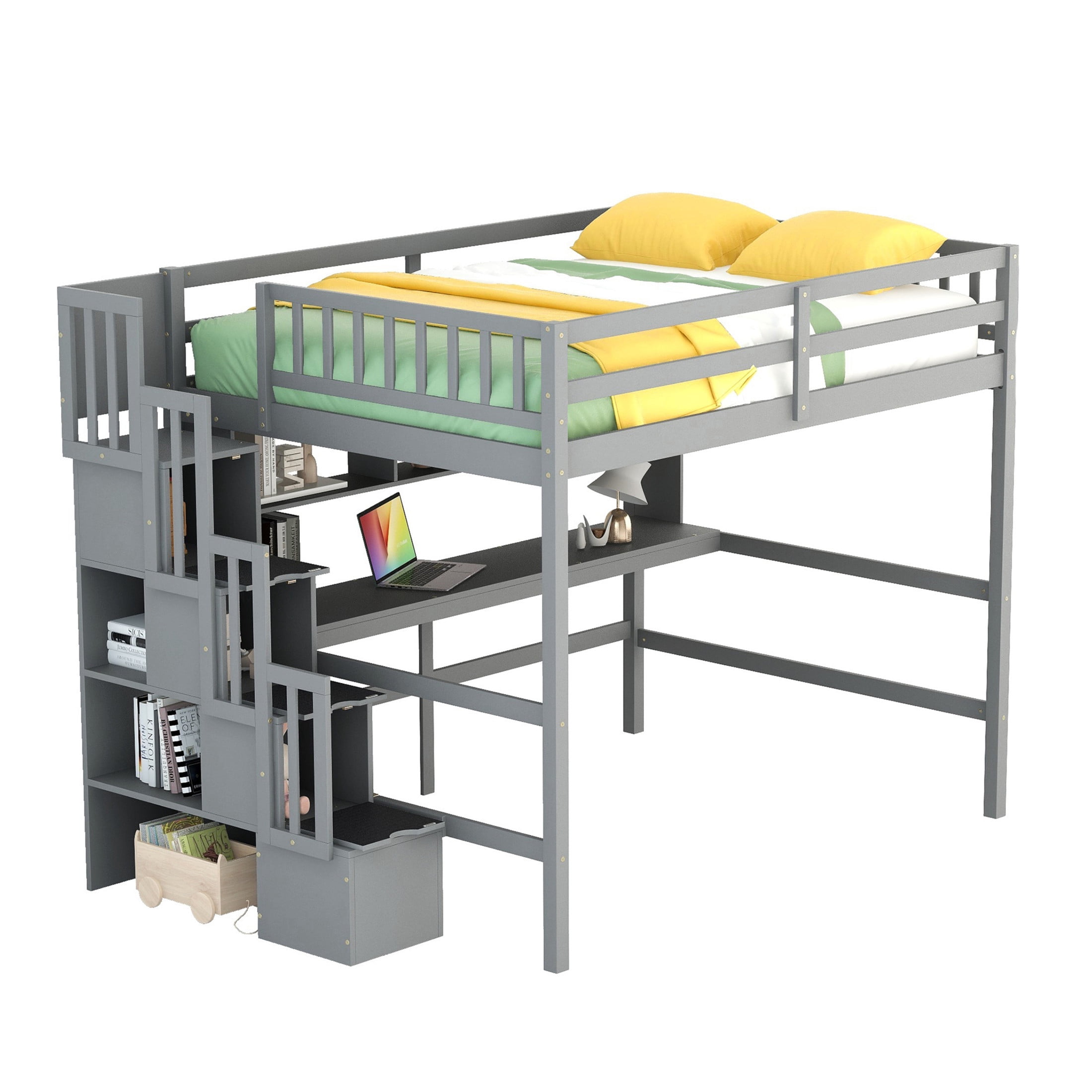 Noble House Full Size Loft Bed with Built-in Desk, Bookshelves and Storage Staircase, Pine Wood Frame, Grey