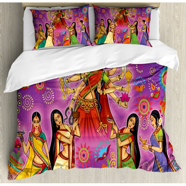 Bengal Queen Size Duvet Cover Set Asian Woman In Colorful Dress Cartoon Style Figures On Paisley And Flower Backdrop Decorative 3 Piece Bedding With 2 Pillow Shams Multicolor By Ambesonne Bengal Queen Size Duvet Cover Set, Bengals Queen Bedding