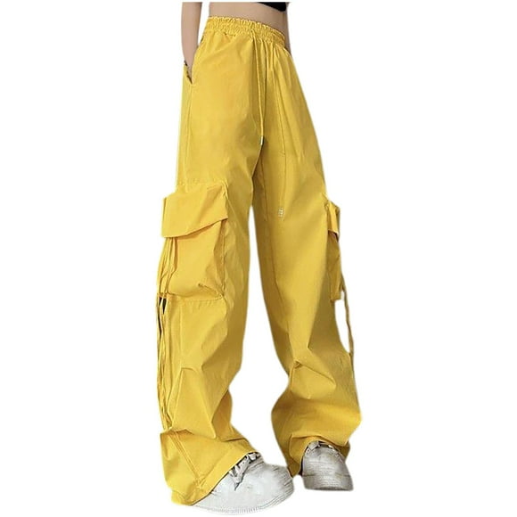 yardsong Women's High Waisted Baggy Cargo Pants - Waterproof Wide Leg Parachute Pants Y2K Streetwear Casual Trousers Yellow,XXXL
