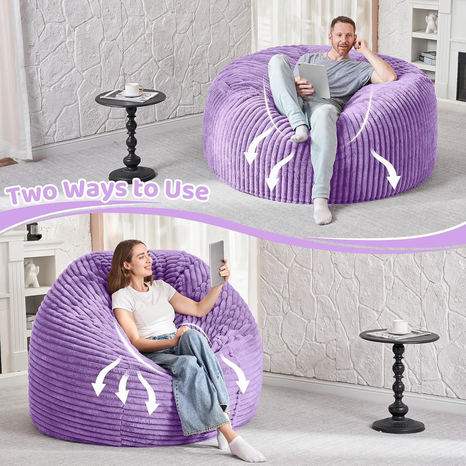3FT Bean Bag Chair, 3' Large Bean Bag Chairs for Adults with Stripe Plush Cover, Memory Foam Beanbag Chair for Living Room Bedroom Dorm，Grey