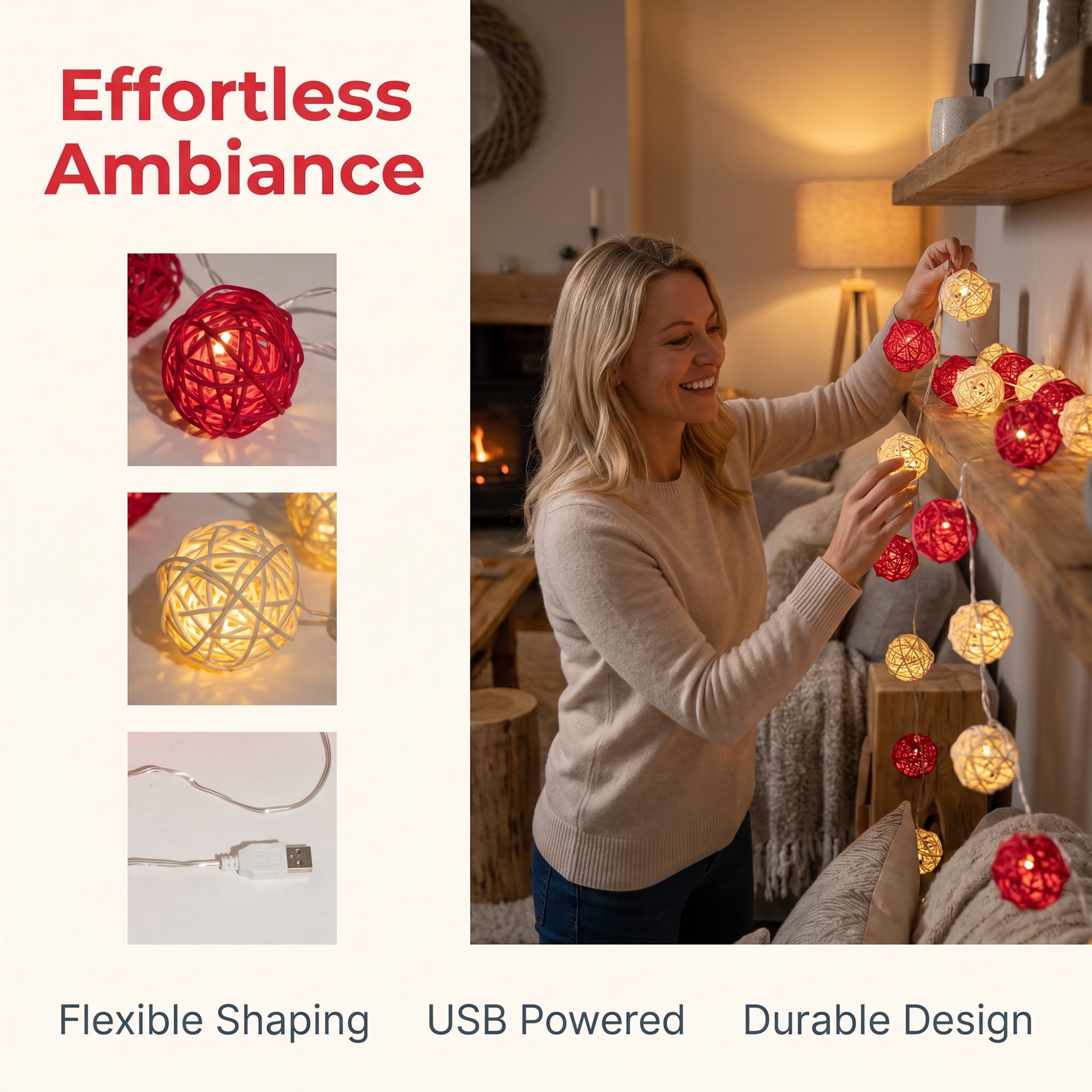 Unique Bargains Lights for Home Use with Flexible Design 9.8 ft Red USB Powered