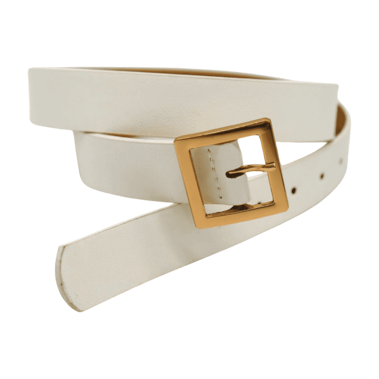 Women White Faux Leather Skinny Fashion Belt Gold Square  display picture 2