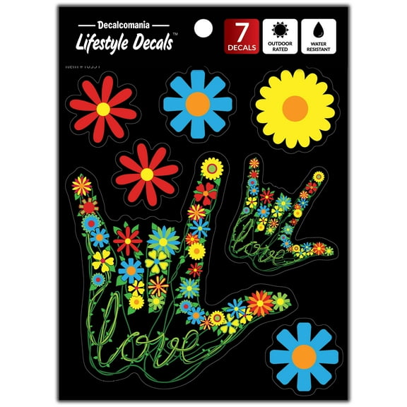 Decalcomania Flower Love Decals - Set of 7 Floral Stickers Vinyl Stickers for Cars or Truck Window- Love Sign Language