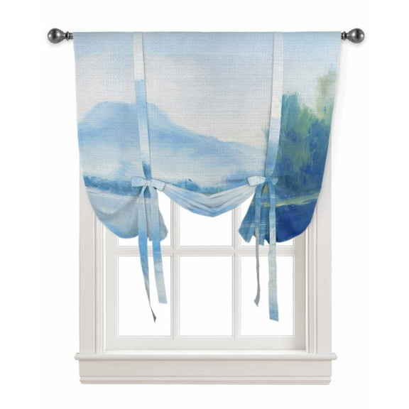 Blue Ombre Tie Up Curtains for Kitchen Bathroom Bedroom Windows 45 Inch Length, Watercolor Landscape Abstract Rustic Balloon Drape Curtains Shade Rod Pocket Drapery Curtain Panel, 42"x45"