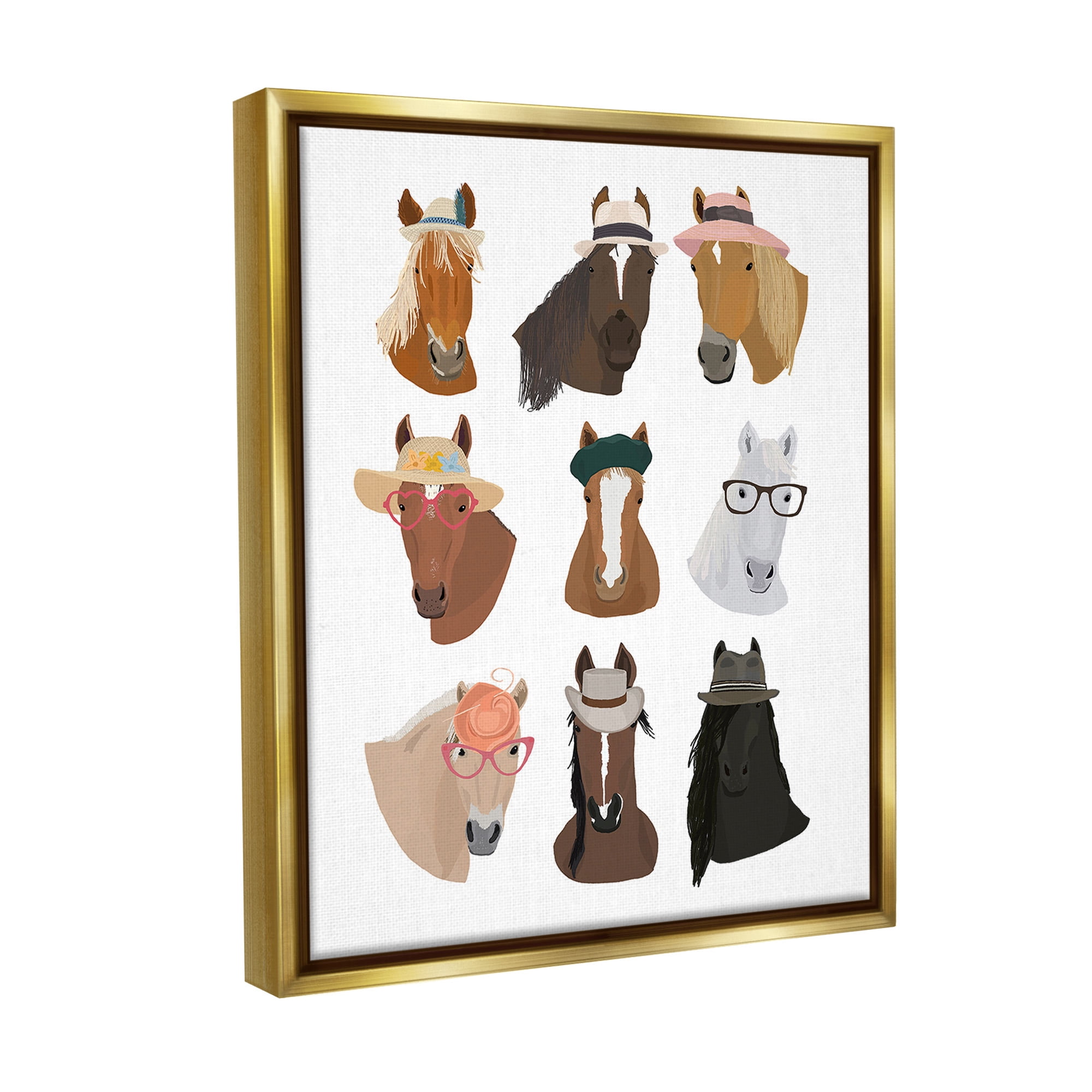 Stupell Industries Horses with Various Hats Animals & Insects Painting Gold Floater Framed Canvas Art Print Wall Art, 17 x 21