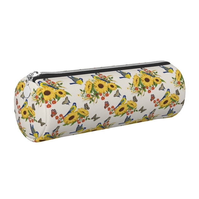 Disketp Bird Sunflowers Estuche Organizador de Lápices de Cuero, Estuche de Oficina con Cremallera para Bolígrafo y Lápiz