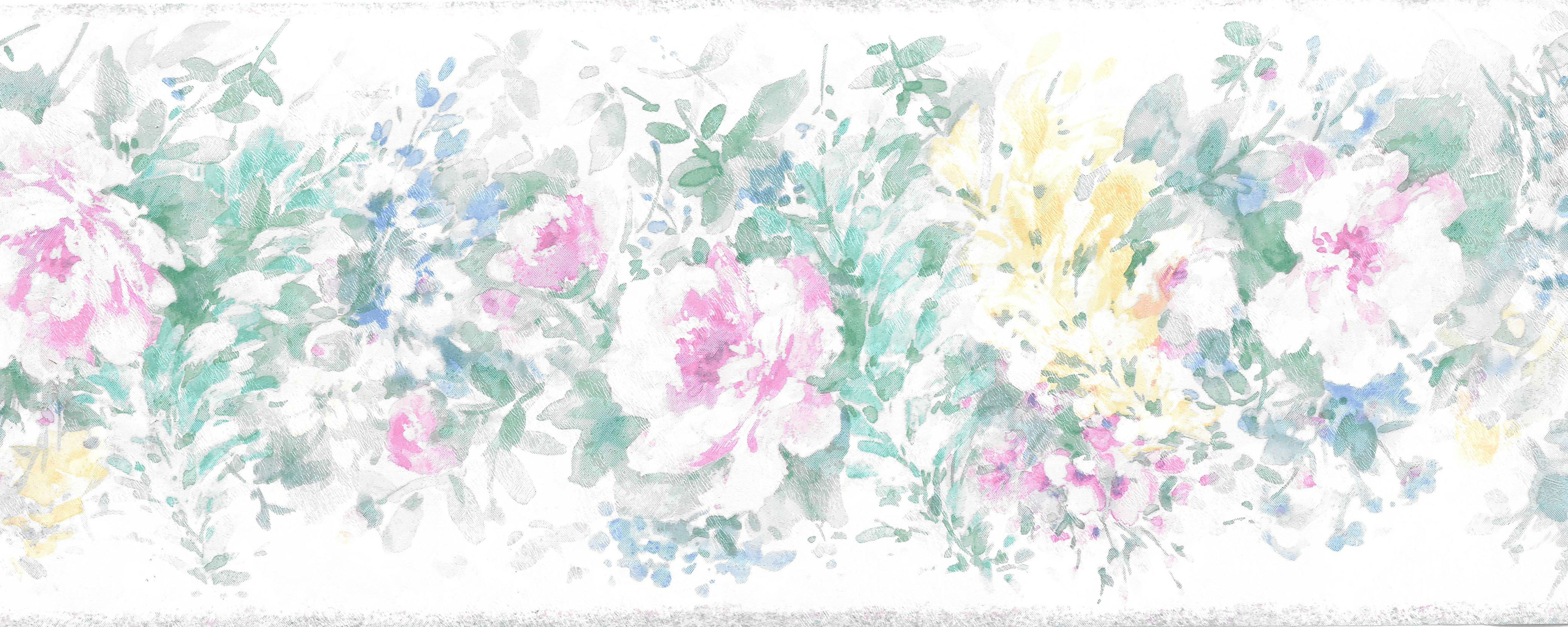 Dundee Deco Prepasted Wallpaper Border - Floral Pink, Green, Yellow, Blue Flowers, 15 ft x 5.2 in