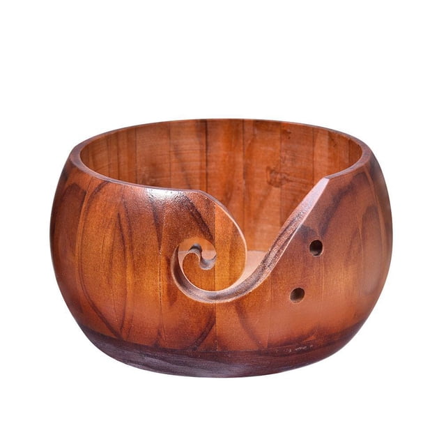 Laklulu Cuenco de Hilo de Madera Redondo Hecho a Mano con Agujeros para Guardar Agujas de Tejer, Soporte de Hilo de Tejer de Madera Resistente y Retro, Soporte para Accesorios de Ganchillo, 15 cm #1