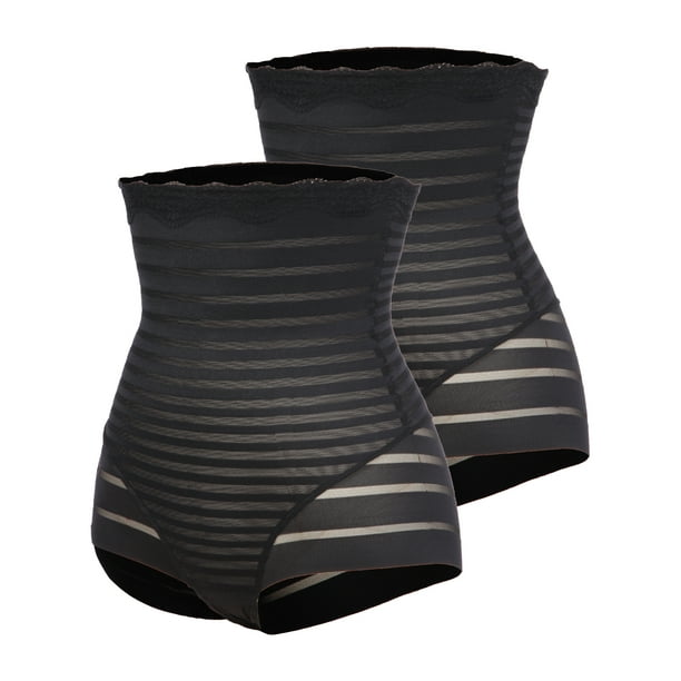 QRIC 2 Pack Lace Stripe High Waist Compression Tummy Control Panties