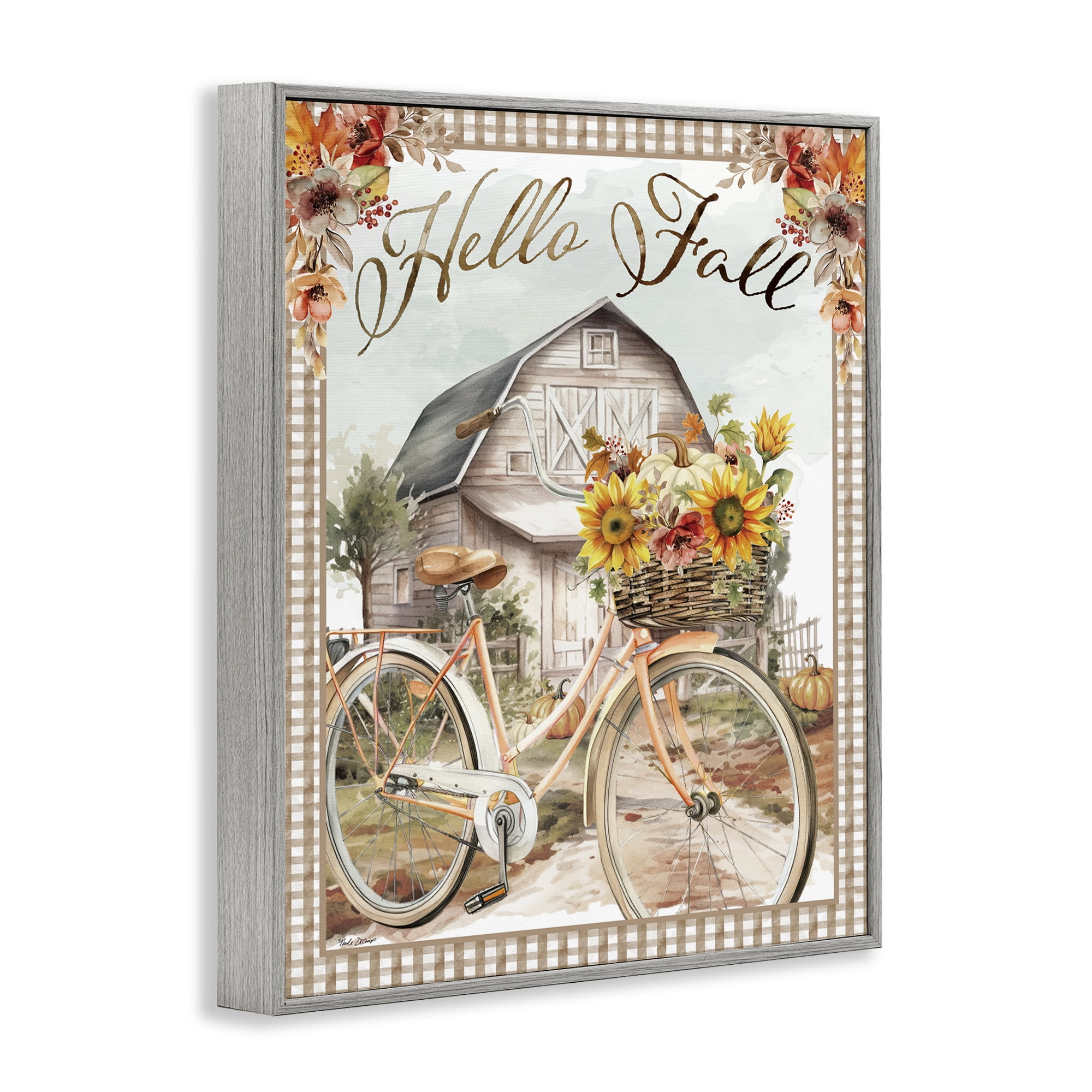 Stupell Industries Hello Fall Cottage Bicycle Botanical & Floral Painting Gray Framed Art Prints Wall Art, 24 x 30