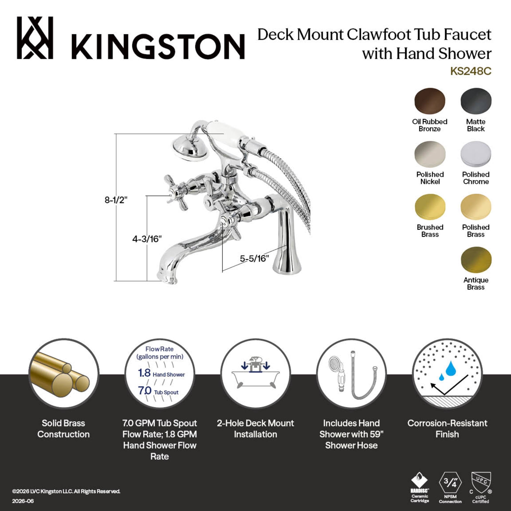 Kingston Brass KS248MB Essex Three-Handle 2-Hole Deck-Mount Clawfoot Tub Faucet with Hand Shower in Matte Black