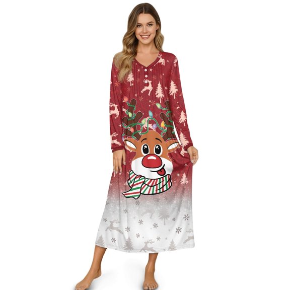 Tutolipy Christmas Nightgowns Elk Snowflake Printed Loungewear V Neck Sleepwear Long Sleeve House Dress for Home, L