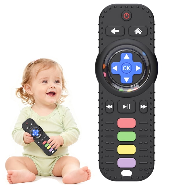 Mordedor de silicona negro en forma de control remoto para bebés de 0 a 12 meses, anillos mordedores sin BPA, juguete para morder, regalo unisex para recién nacidos