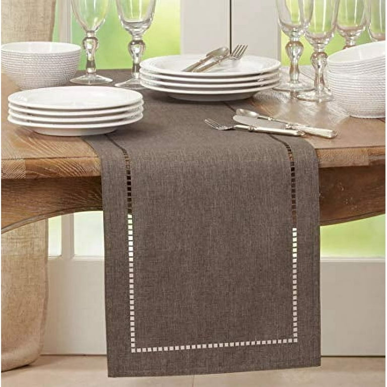 Fennco Styles Laser-Cut Hemstitch Table Runner - 14x120 Inches, Rust Color, Polyester, For Dining & Special Events