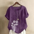 thumbnail image 2 of Olyvenn Cotton Linen&nbsp;Flower&nbsp;Shirts for Women Plus Size Summer Beach Short Sleeve Casual Loose Comfy Blouses Tunic Tops Purple L, 2 of 4