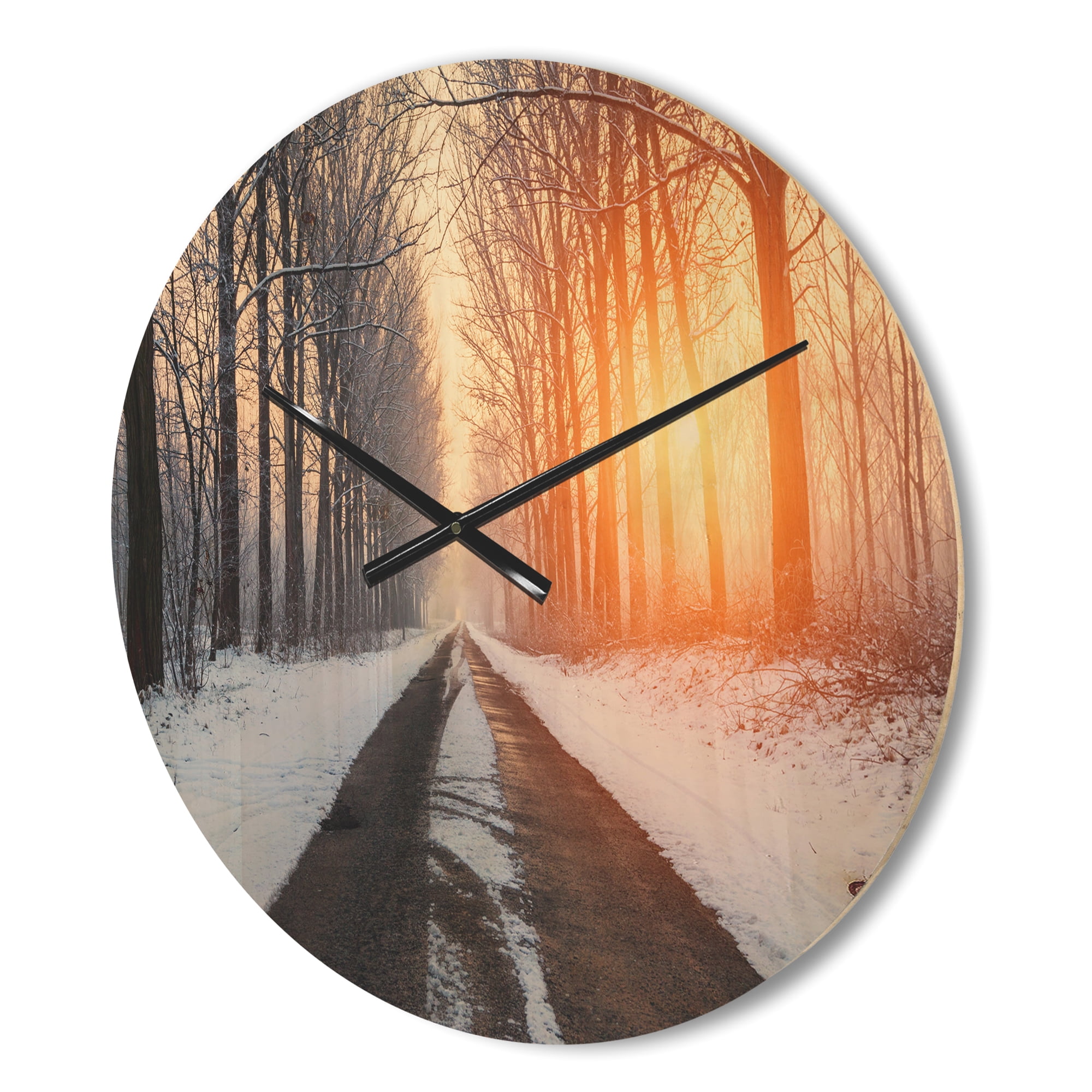 Designart 'Bright Sun Break in Winter Snow Forest ' Farmhouse Wood Wall Clock