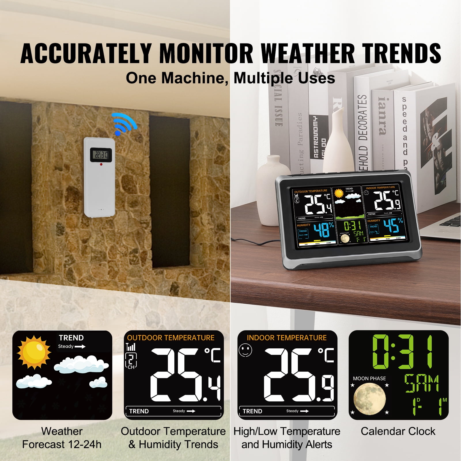 KFFKFF 7-in-1 Weather Station, 7.5in Color Display, Wireless Weather Monitor with Sensor Atomic Clock, Support 12-24H Weather Forecast, Outdoor and Indoor Temperature, Humidity