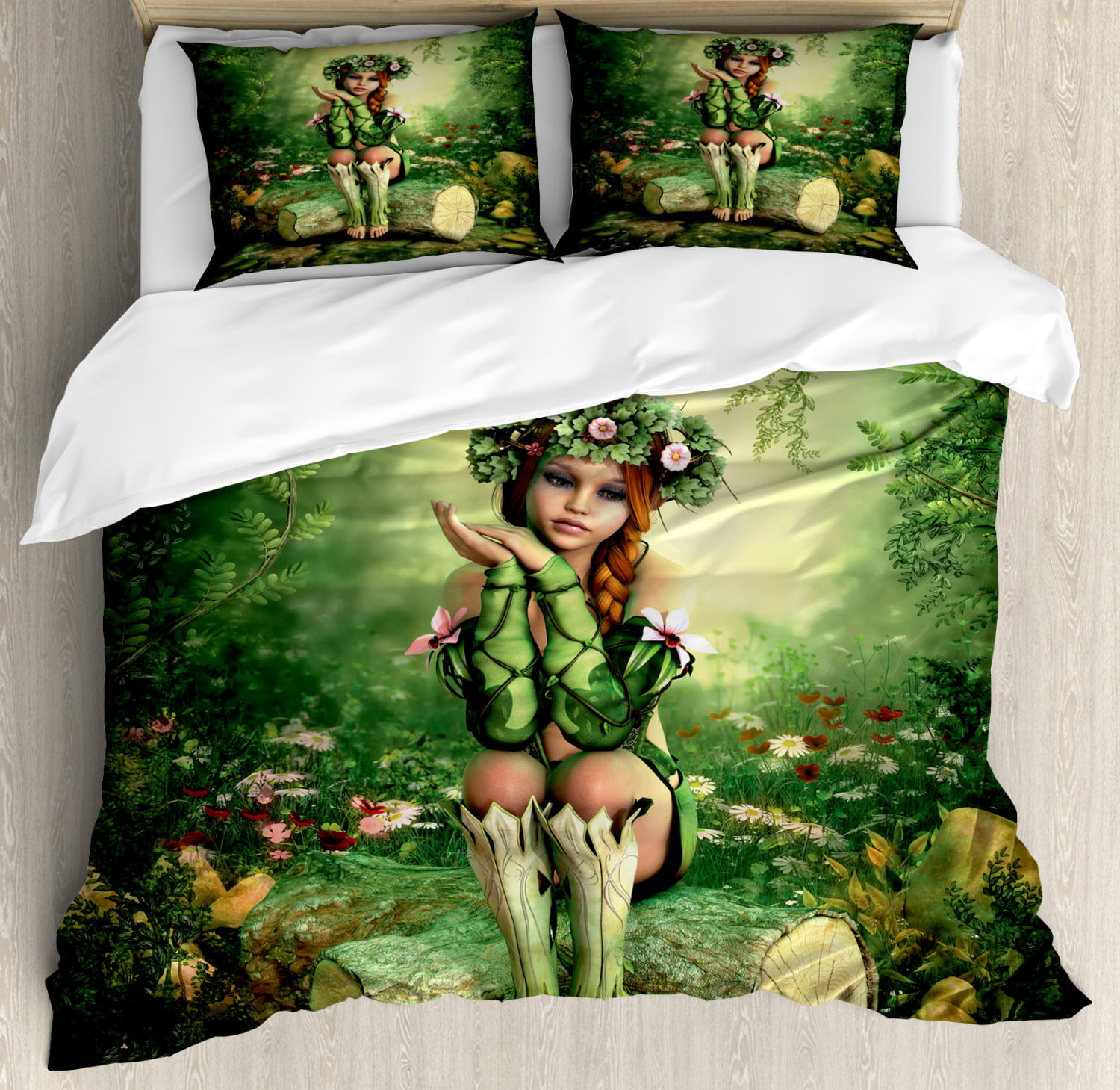 Fairy Duvet Cover Set King Size, Computer Art Elf Girl with Wreath on ...