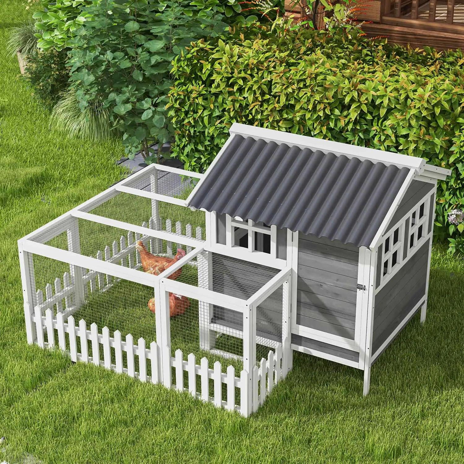 Pefilos 67" Large Chicken Coop Rabbit Hutch, Outdoor Wooden Poultry Cage Hen House with Nesting Box, Run for Garden Backyard, Gray