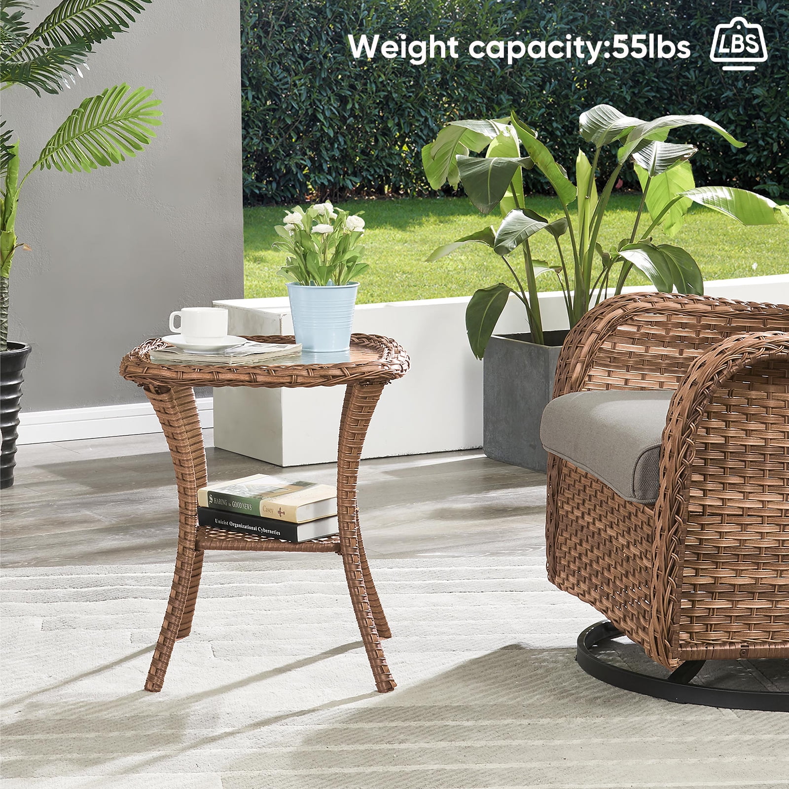OPOHORO Outdoor Wicker Side Table,22x20x20 inch All Weather Rattan Small Patio Table Square End Table for Pool Balcony Deck Porch Lawn Backyard, Yellow