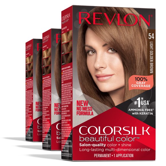 Colorsilk Beautiful Color Permanent Hair Color, Long-Lasting High-Definition Color, Shine & Silky Softness with 100% Gray Coverage, Ammonia Free, 054 Light Golden Brown, 3 Pack