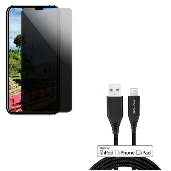 6ft MFi USB Cable w Privacy Screen Protector for iPhone XR - Certified Charger Cord Power Wire, Tempered Glass Curved Anti-Spy Anti-Peep