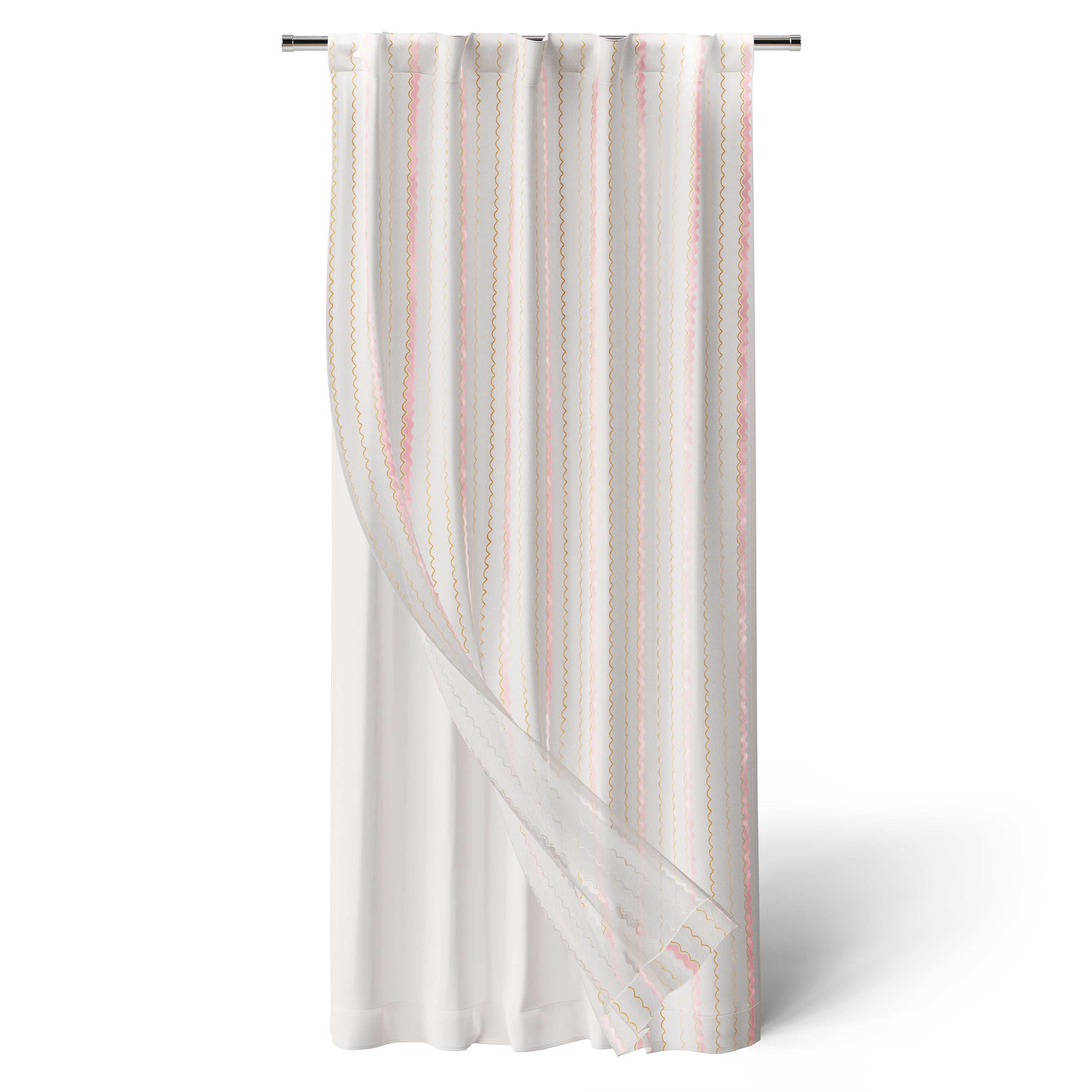 Mainstays Kids White and Pink Scallop Stripe Sheer Overlay Blackout Rod Pocket with Back Tabs Single Curtain Panel, 38" W x 63" L