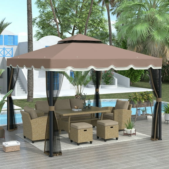 Seizeen 9.8FT x 9.8FT Gazebo Canopy Tents for Outside, 2-Tier Top Patio Gazebo Canopy w/360° Mosquito Net, Brown