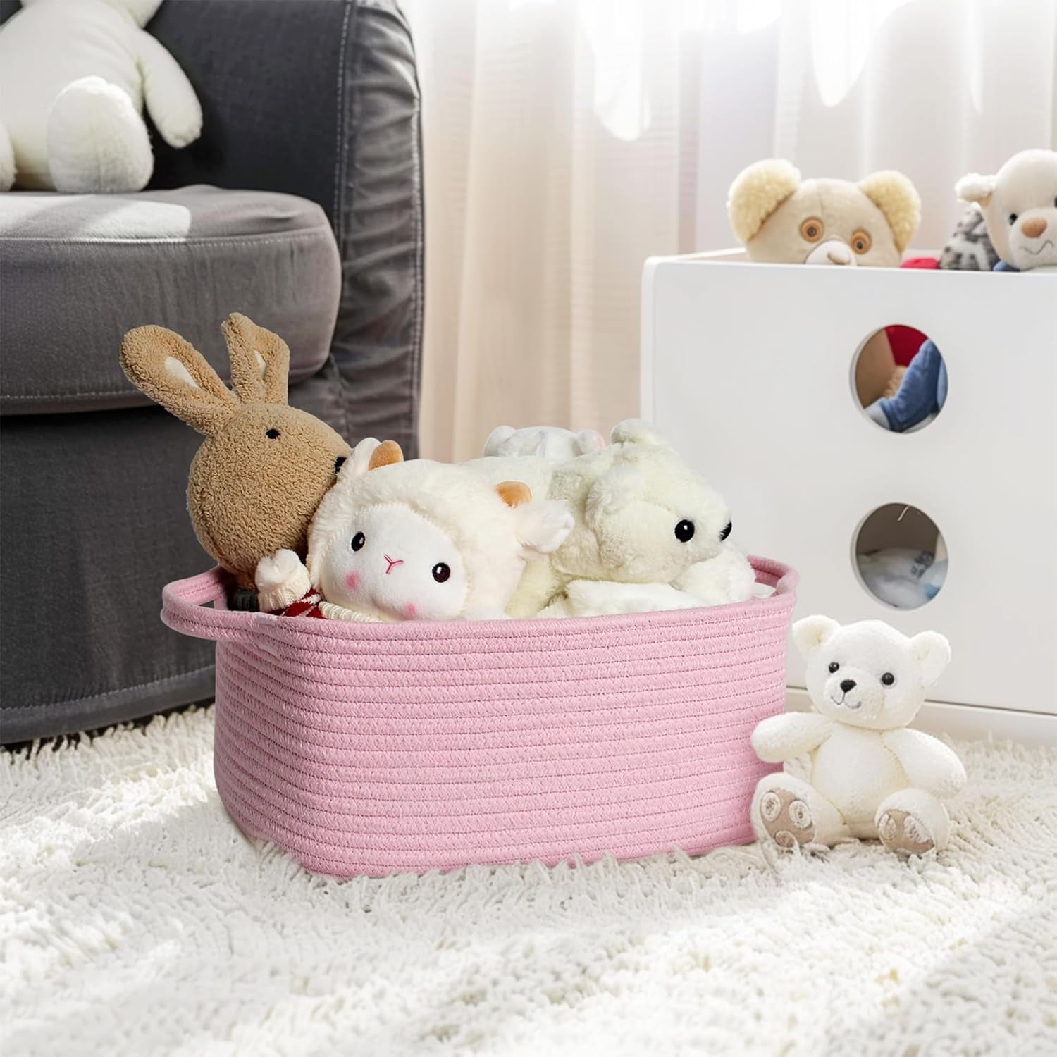 Pink Woven Storage Basket, Cotton Rope Gift Basket Empty, Cute Organizer for Girls, Decorative Baby Nursery Closet Bin, Pink Room Decor, Gift Ready Bin with Handle, Wicker Pet Toy Storage Box