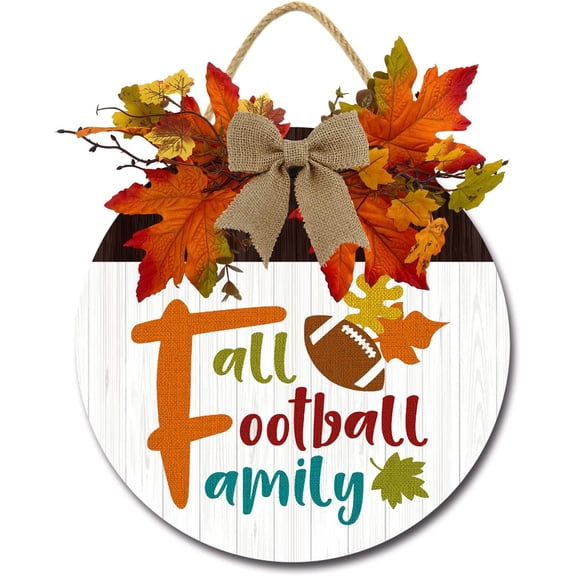 Eveokoki 12" Fall Football Family Signs for Front Door Farmhouse Porch Yard Rustic Round Wooden Hanging Wreaths for Housewarming Gift Autumn Decoration Outdoor Indoor Wall Decor