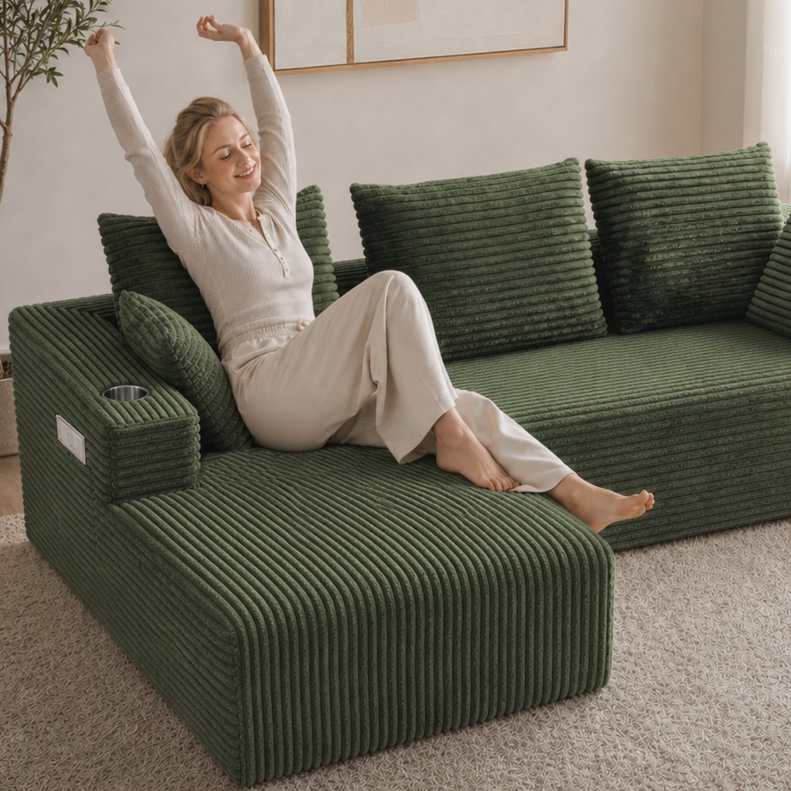 95'' Boneless L Shape Modular Sofa Couch with 4 Pillows and 2 Cup Holders