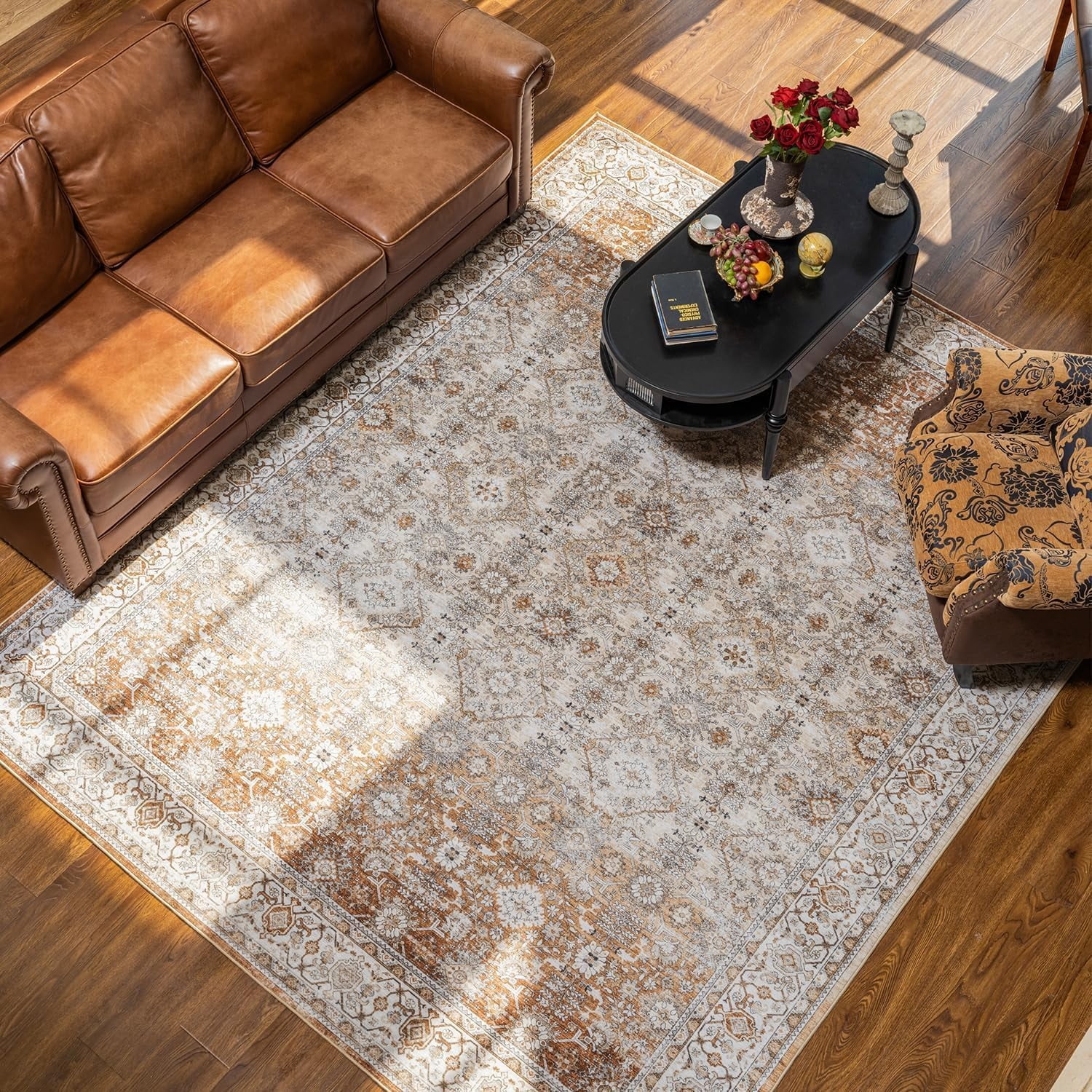 SIXHOME 4'x6' Area Rugs for Living Room Washable Rugs Ombre Vintage Floral Living Room Rug Aesthetic Carpet Soft Large Rugs for Bedroom Dining Room Office Retro Home Decor Tan and Orange