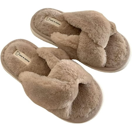 

CoCopeaunt Fuzzy Slippers Cross Band Cozy Plush Home Slippers Fluffy Slippers Open Toe House Shoes