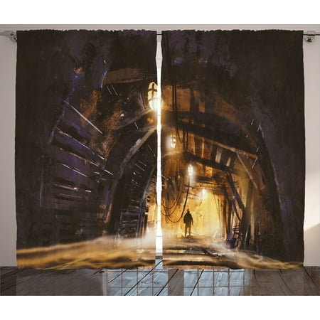 Fantasy Art House Decor Curtains 2 Panels Set Underground Tunnel Of The Mine Shaft Smokey Dark Rocky Abandoned Window Drapes For Living Room