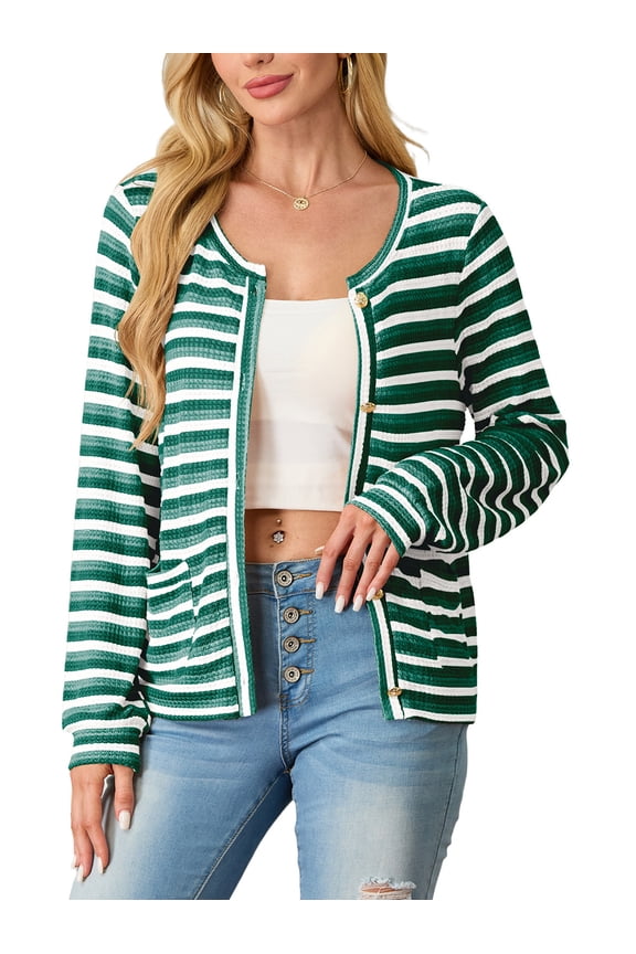 Women's cardigan long sleeved button knit stripe with pocket Dark Green Stripe L