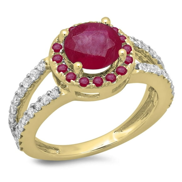 Dazzlingrock Collection 14K Round Ruby & White Diamond Ladies Bridal Split Shank Halo Engagement Ring, Yellow Gold, Size 6