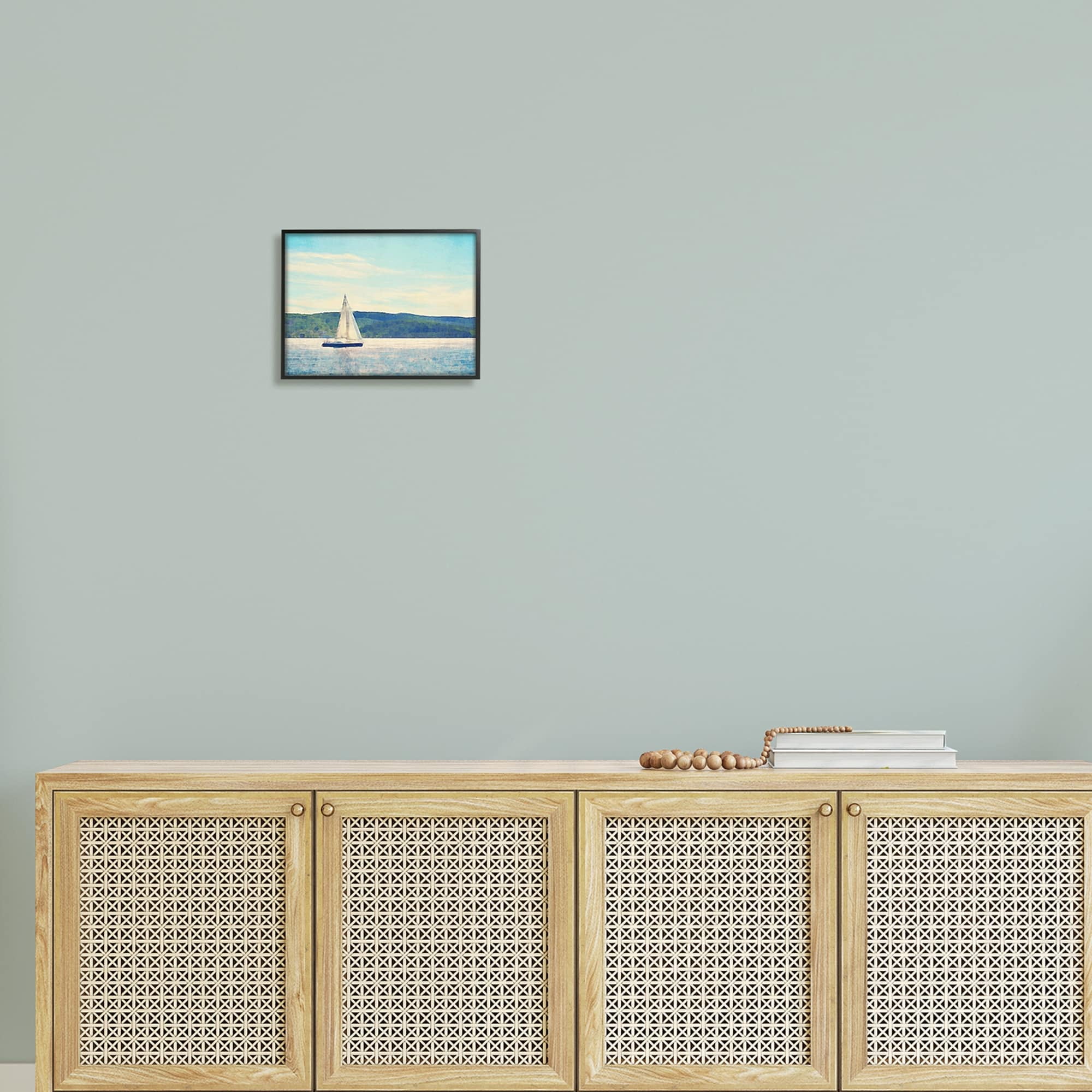 Stupell Industries Serene Summer Sailboat Drifting Ocean Hills Design Paintings White Framed Art Print Wall Art, 14x11, by Denise Brown