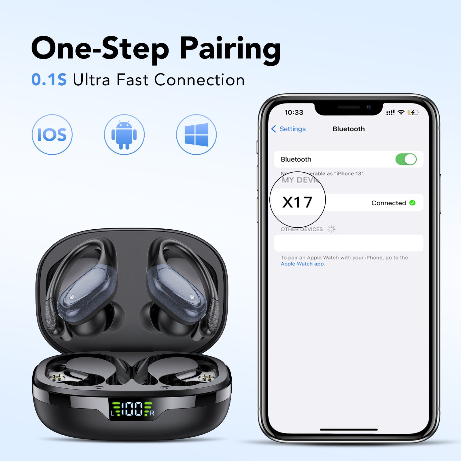 Wireless Earbuds Bluetooth Headphones with Earhooks, 60H Playtime LED Display, Deep Bass Over Ear Buds, IPX7 Waterproof Sport Earphones Built-in Mic for iPhone Android Running Gym, Black