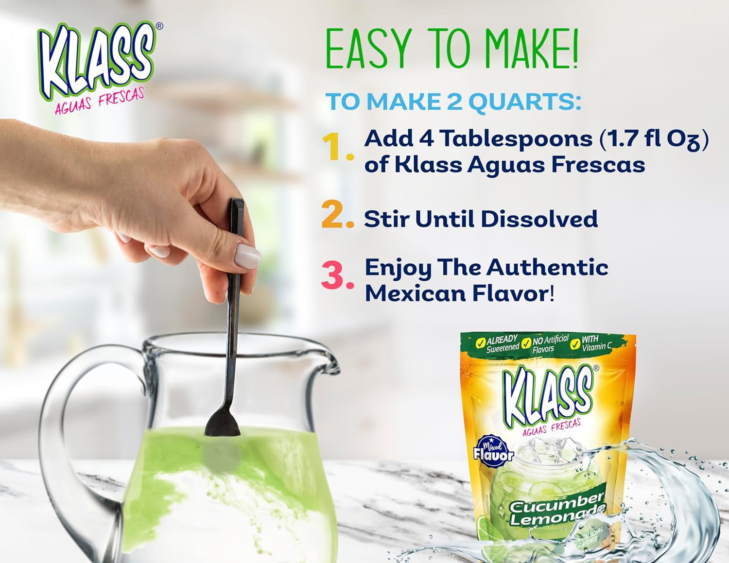 Klass Aguas Frescas Cucumber Limeade, with Vitamin C, Multiserve, Powdered Drink Mix, 14.1oz