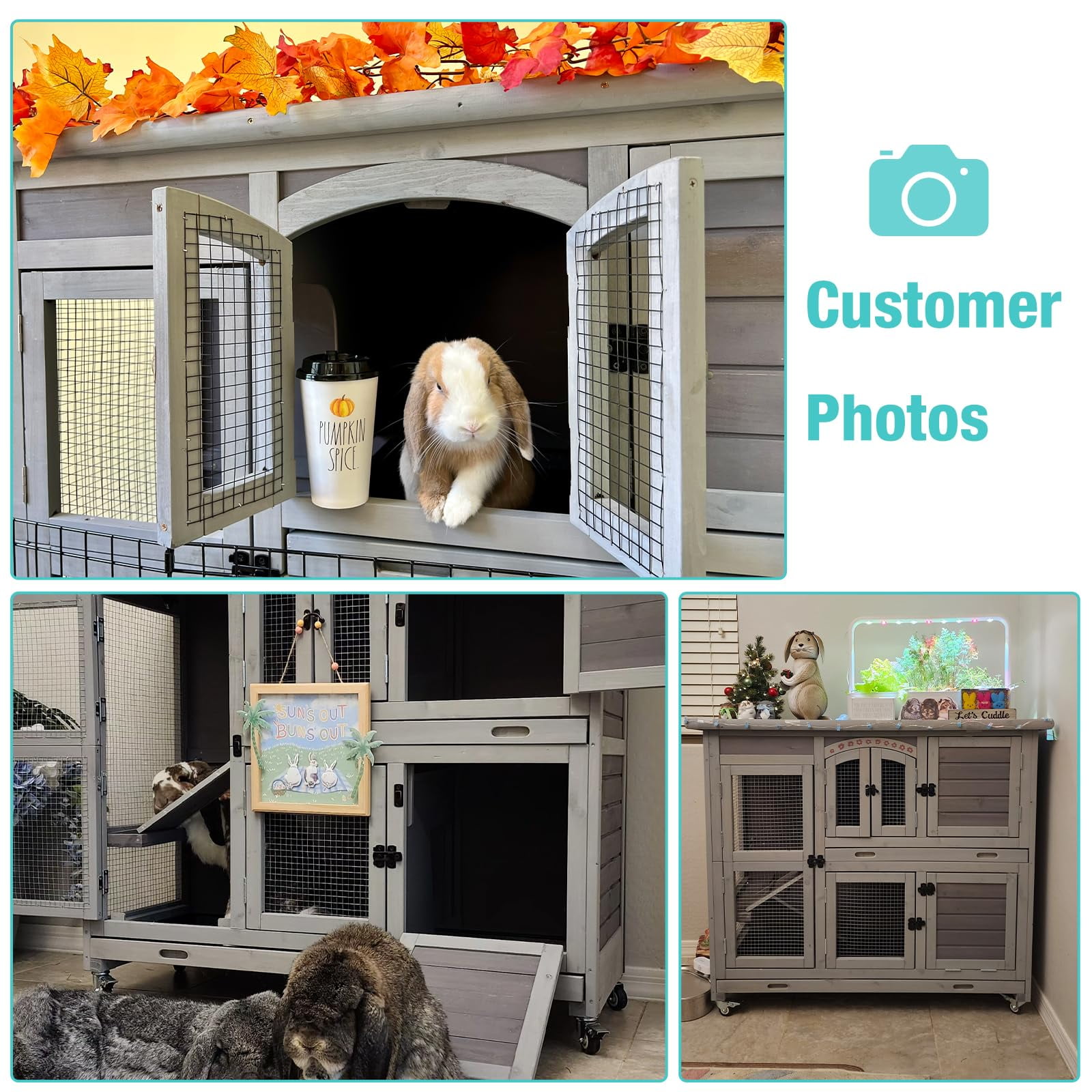 BUTINGLALE 47" Two Story Rabbit Hutch with Wheels, Indoor Outdoor Bunny Cage Guinea Pig Cage, 2 Deep No Leak Trays Included, Gray