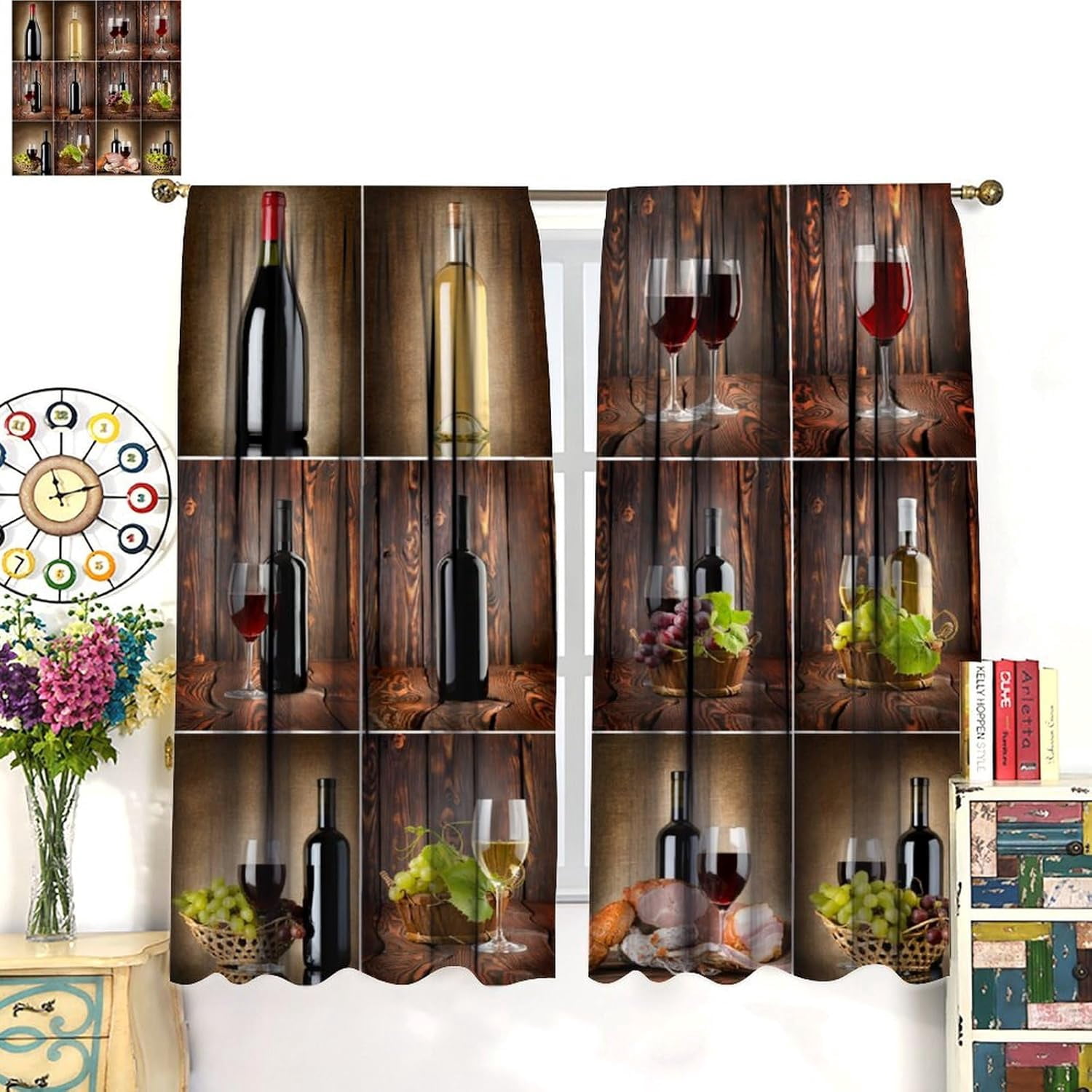 Wine Curtains Drink Themed Collage Wooden Backdrop Grapes and Meat Rustic Country Theme Curtain with Rod Pocket for Bedroom Living Room Drapes Window Treatments 2 Panels Set 42" W X 84" L