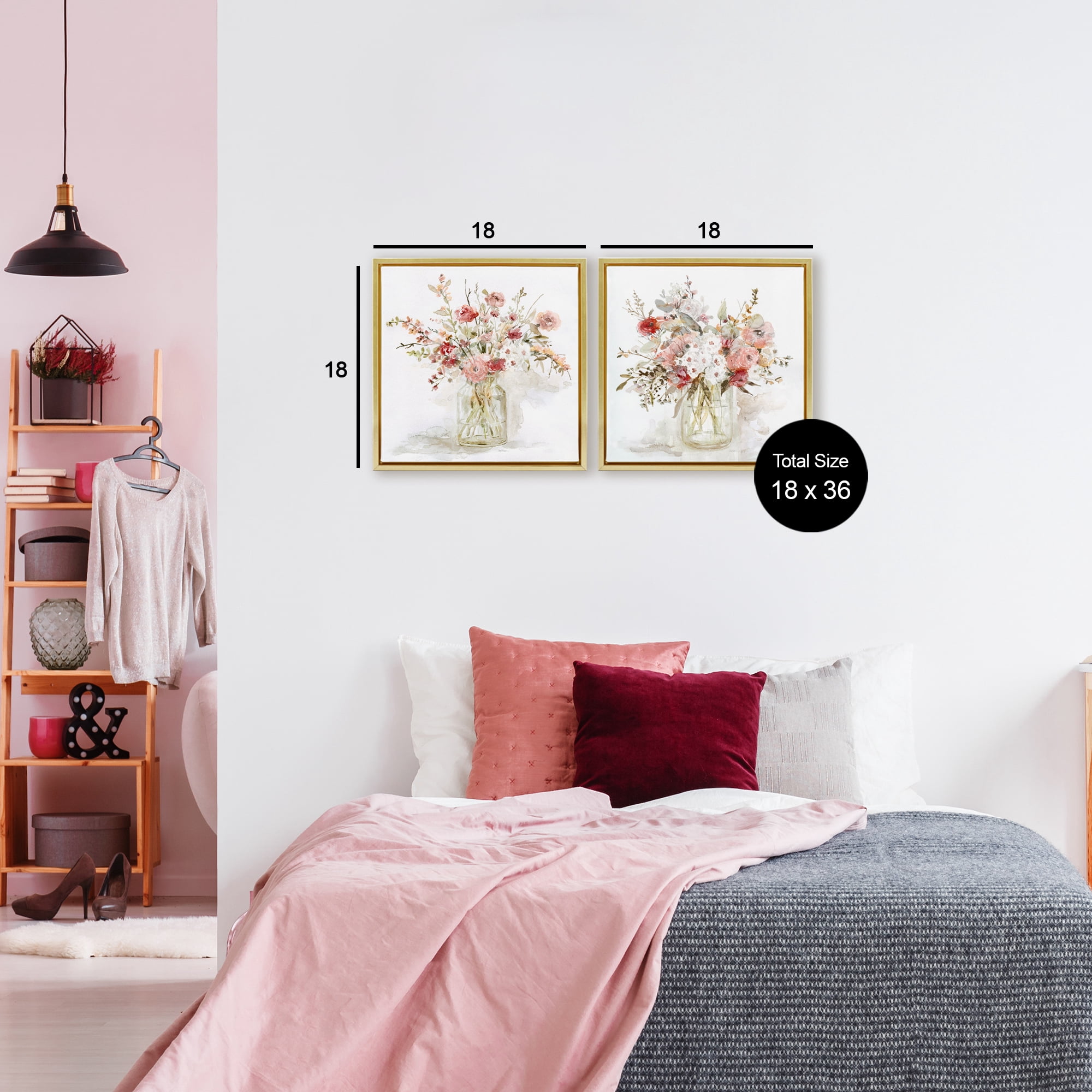 Stupell Industries Delicate Watercolor Bouquets in Glass 2 Piece Gold Framed Floater Canvas Set, design by Carol Robinson