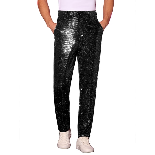 Pantalones de lentejuelas INSPIRE CHIC para hombres, pantalones rectos brillantes para fiestas disco, 32 negro