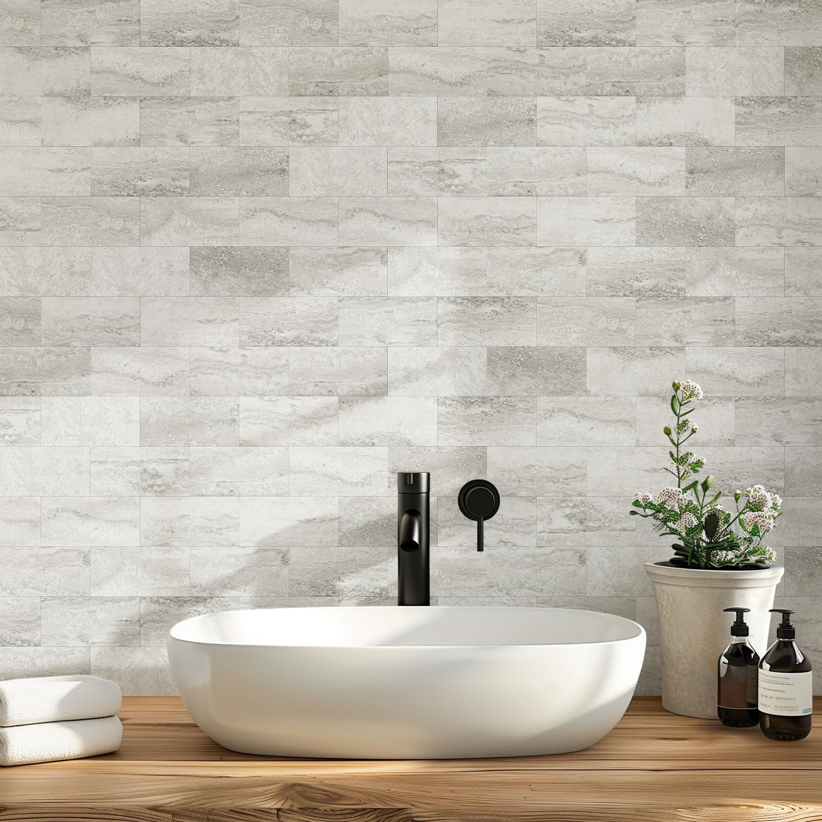 100-piece Matt Beige Mixed Grey Slate Peel And Stick Backsplash Seamless 3''x6'' Pvc Subway On For Kitchen/bathroom/laundry Room