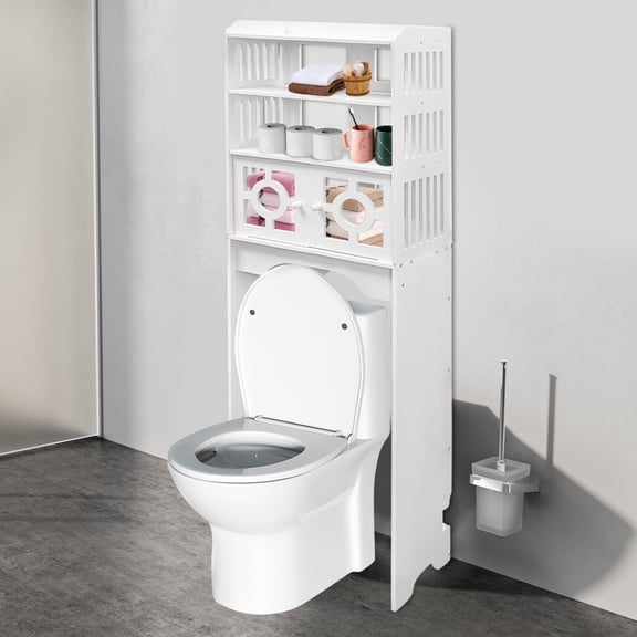 4-Tier Over The Toilet Storage Shelf, Bathroom Organizer Cabinet with Openwork Design, Freestanding PVC Shelving Unit for Bathroom Space Saving, Modern White