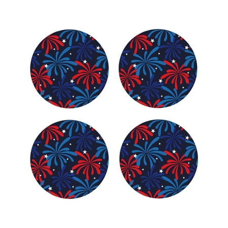 

Junzan Red White Blue Fireworks Print Coasters for Drinks - Leather Coasters Set of 4 for Coffee Table for Housewarming/Kitchen/Bar/Decor-Round Shape