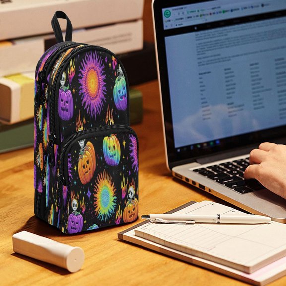 Backpack Pencil Case, 3 Compartment Large Capacity Oxford Fabric Pencil Pouch / Halloween Pumpkin Spooky Pattern