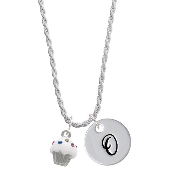 Delight Jewelry Silvertone Small White Cupcake with Crystal Sprinkles Silvertone Script Initial Disc - O - Charm Necklace, 20"+3"