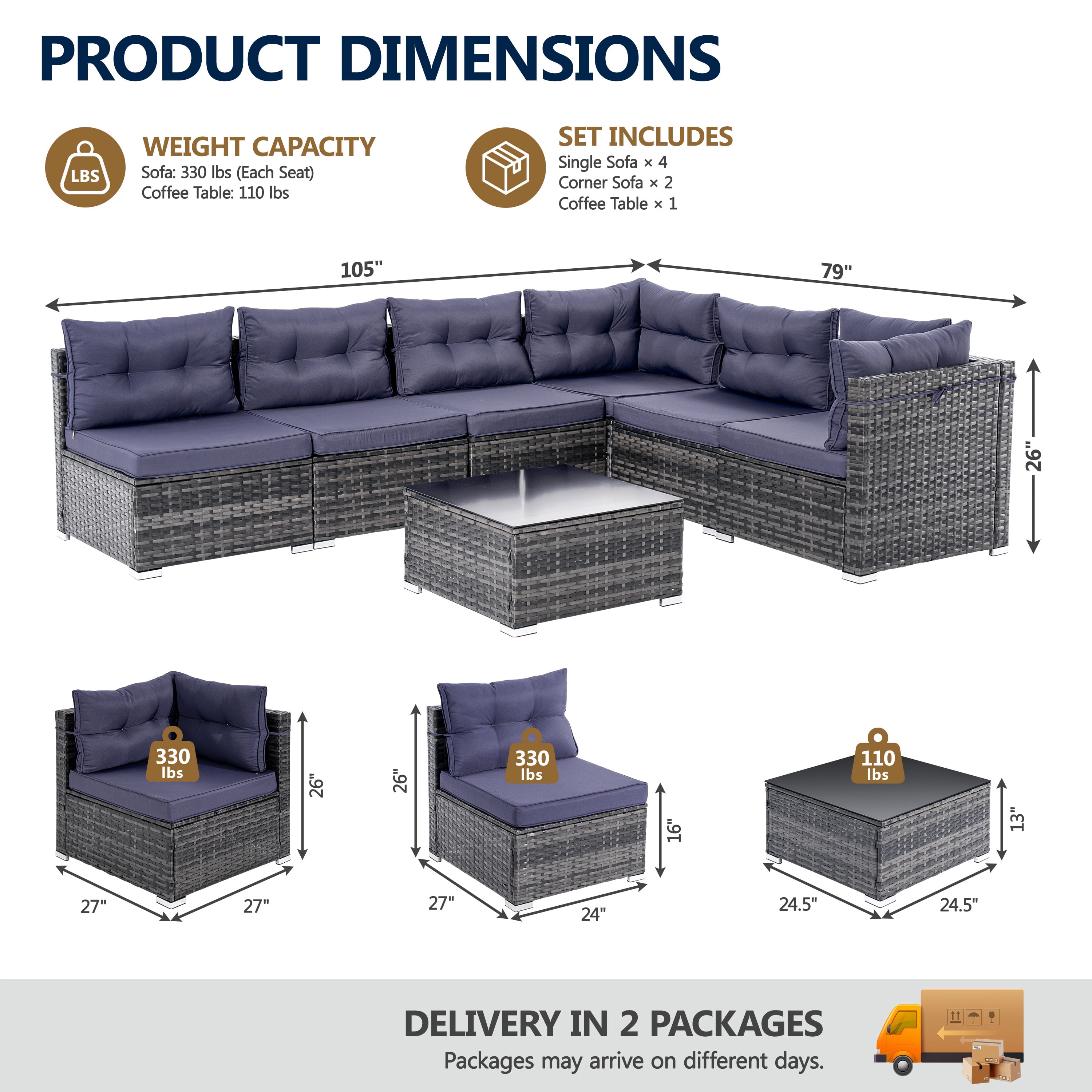 Patio Outdoor Furniture Sets, 7 Pieces All-Weather Rattan Sectional Sofa with Tea Table & Cushions, PE Rattan Wicker Sofa Couch Conversation Set for Garden Backyard Poolside