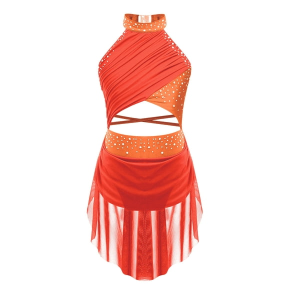 YiZYiF Kids Girls Ballet Jazz Dance Dress Figure Ice Skating Leotard Rhinestones Sleeveless Prom Party Dress Fluorescent Orange 16